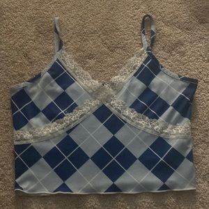 blue on blue plaid crop shirt with lace lining